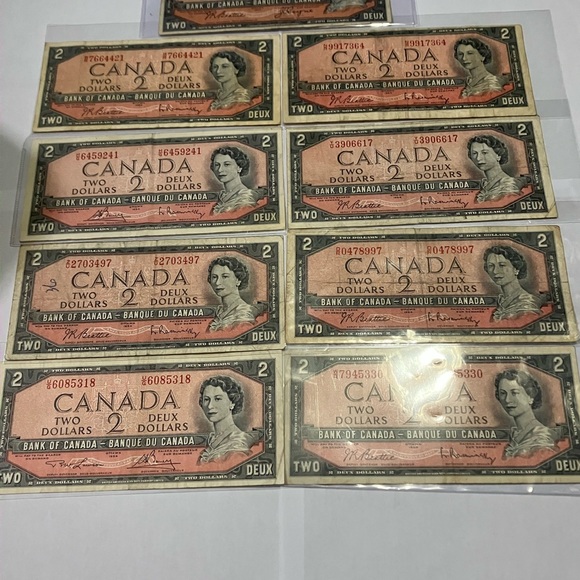 Lot of 9 - 1954 Bank of Canada, $2, Lawson/Bouey, Beattie/Rasminsky - Picture 2 of 5